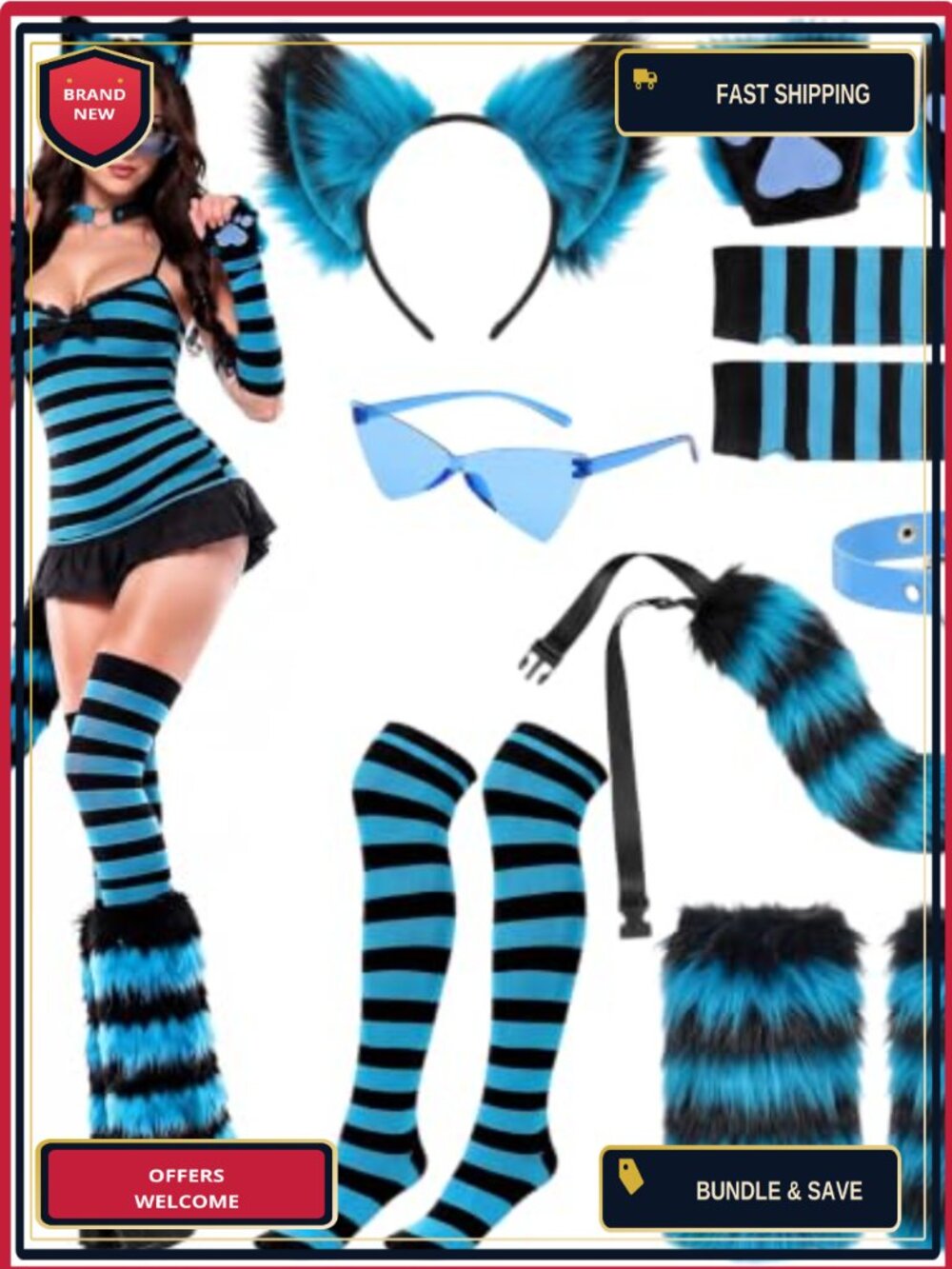 Cat Costume Set Plush Ears Tail Socks Gloves Halloween Cosplay Outfit